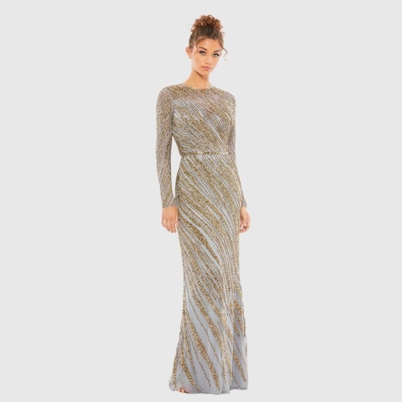MAC DUGGAL 5240 NWOT Gold Long Sleeve Beaded Column Gown - Picture 1 of 7